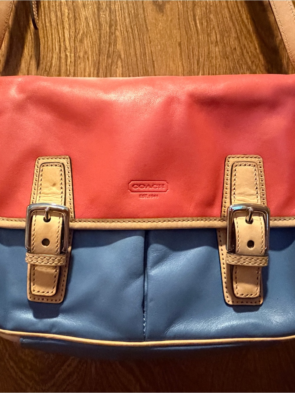Coach Two-Tone Coral and Blue Leather Crossbody with Tan Trim